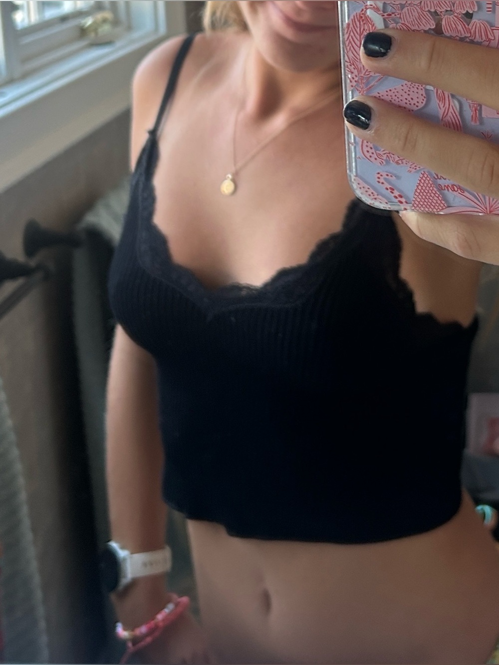 Francesca's Collections Black Lace-Trim Ribbed Camisole